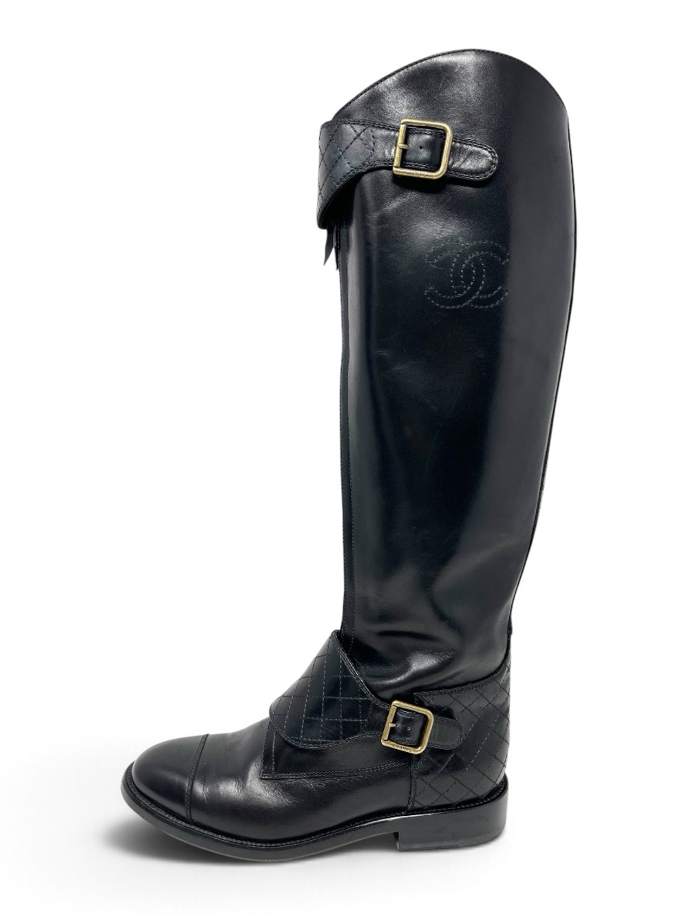 Chanel Black Quilted Leather CC Logo Cap Toe Knee High Tall Riding Boots 38.5